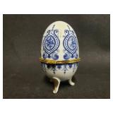 Decorative Blue and White Porcelain Egg Box with Gold Trim, Just a bit over 3" Tall