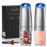 Sangcon Gravity Electric Pepper and Salt Grinder Mill Set Automatic Shakers Grinder with LED Light, Battery Powered Adjustable Coarseness One Hand Operation, Upgraded Larger Capacity (Used)