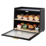 Double Layer Large Bread Box for Kitchen Counter, Large Capacity Bread Storage Container Farmhouse Bread Box with Window Bread Holder (Black)