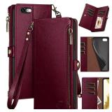 XcaseBar for iPhone 6S Plus/6 Plus 5.5" Wallet case with Zipper Credit Card Holder RFID Blocking , Flip Folio Book PU Leather Phone case Shockproof Cover Women Men for Apple 6S Plus case Wine Red