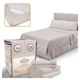 Abeero Home King Size Sheets Set Cooling - Luxury Hotel Sheets - Soft Bed Sheets with Elastic Corner Straps - Deep Pockets Microfiber Bedsheet - Bedding Sheets & Pillowcases - 4 Piece (King, Beige) - 