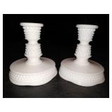 Pair of Vintage Westmoreland hobnail milk glass candlestick holders.