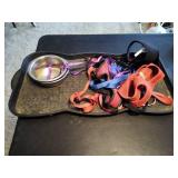 (2) Small dog bowl, dog leashes, dog harnesses and food and water tray.