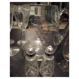 Etched dish Ware set by Princess house, water pitcher, wine glasses and salt and pepper shakers.