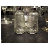 Etched dish Ware set by Princess house, water pitcher, wine glasses and salt and pepper shakers.