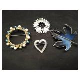 (3) heart brooches and 1 leaf brooch.