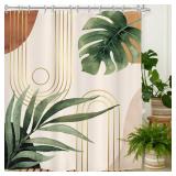 Glawry Boho Sage Green Shower Curtain 60Wx72L Inches, Abstract Bohemian Mid Century Bathroom Curtains, Plant Botanical Palm Leaf Decor Fabric Shower Curtain Liner Set Bathroom Rugs Waterproof 12 Hooks