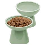 CEEFU 2 Extra Wide Elevated Cat Food Bowl, Ceramic Cat Bowls for Food and Water, Wide Shallow Cat Food Dish, Whisker Fatigue, Lead & Cadmium Free, Great Height for Cat, Sage Green Retail $24.99