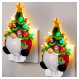 Anglechic 2 Pcs Ceramic Christmas Tree Gnome Night Light Santa Wear Xmas Tree Hat Christmas Night Lights Plug in Decorative Mini Ceramic Christmas Tree with Lights for Bathroom Bedroom Lighted Decor