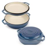 2-in-1 Enameled Cast Iron Braiser Pan with Grill Lid - 3.3-Quart Small Dutch Oven, Serves as Both Casserole & Stovetop Grill Pan, Cast Iron Cookware