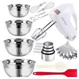 WEPSEN 5-Speed Electric Hand Mixer, 4 Large Mixing Bowls Set, Handheld Mixers with Whisks Beater, Stainless Steel Metal Nesting Bowl Measuring Cups Spoons Kitchen Cake Blender for Baking Supplies