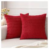 Pack of 2 Red Corduroy Pillow Covers 18x18 Inch Soft Boho