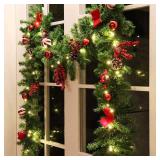 MorTime 9 FT LED Christmas Garland with Pinecones Red Berries Bows Christmas Balls Candies, Multi-Function Christmas Garland with 50 Warm White LED Lights, 180 Branch Tips