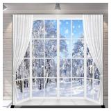 Winter Scene Backdrop Holiday Wonderland Snowflake Photography Background Window Forest Christmas Party Decoration Tree Landscape Kids Portrait Photobooth Photo Studio Props 8x8ft White