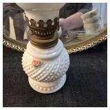 Vintage Milk Glass Hurricane Lamp with Rose Detail and decorative mirrored tray