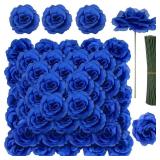 LELEE 108pcs Roses Head Flowers with Stem - Royal Blue Artificial Flowers Rose Bulk - Silk Rose Fake Flower for Wedding Bouquet Party Home Decor DIY Baby Shower Centerpieces Tables Decoration