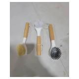 Holikme 3 Pack Dish Brush Set with Bamboo Handle, Kitchen Cleaner for Cleaning Pot, Sink and Stove, Skillet Scrubber with Tough Bristles for Cast Iron Grill Pan, Yellow White Black