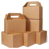 Happyhiram 50 Count Large Gift Boxes with Handles Kraft Brown, 9x6x6 Gable Gift Boxes Party Favor Boxes Barn Style Carry Out Box Recyclable Lunch Boxes Paper for Food Kids Birthday Baby Shower