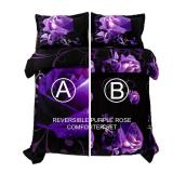 WONGS BEDDING Purple Comforter Set Queen Reversible Purple Rose Pattern Bedding Comforter with 2 Pillowcases for All Seasons, Soft Microfiber Filling Bedding Set 90"x90"