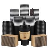 Clawsoff 100 Pack 16 oz Coffee Cups with Lids, Disposable To Go Paper Coffee Cups with Sleeves and Stirring Sticks for Hot/Cold Drinks Office Home Shop Event (Black)