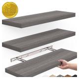 BAYKA Floating Shelves, Wall Mounted Rustic Wood Shelves for Bathroom, Bedroom, Living Room, Kitchen,Small Hanging Shelf for Books/Storage/Room Decor with 22lbs Capacity (Grey, Set of 3, 15.7in)