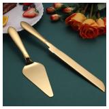 Cake Cutting Set for Wedding, Elegant Cake Knife and Server Set with Thickened Stainless Steel Rounded Edges, Cake Cutter Pie Spatula for Birthday Anniversary Christmas, 2 Pcs, Gold Retail $15.21