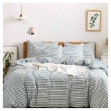 JELLYMONI 100% Natural Cotton 3pcs Striped Duvet Cover Sets,White Duvet Cover with Grayish Blue Stripes Pattern Printed Comforter Cover,with Zipper Closure & Corner Ties(Queen Size) Retail $51.80