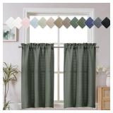 Chyhomenyc Bennet 2 Panels Olive Green Kitchen Curtains 36 Inch Length Tier Curtains, Faux Linen Textured Small Cafe Curtains, Light Filtering Short Window Curtains for Bathroom Basement, 30x36 inch R