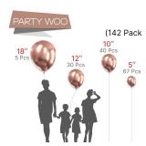 PartyWoo Metallic Rose Gold Balloons, 142 pcs Rose Gold Metallic Balloons Different Sizes Pack of 18 Inch 12 Inch 10 Inch 5 Inch Rose Gold Balloons for Balloon Arch, Party Decorations, Rose Gold-G107 