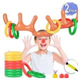 2 Set Inflatable Reindeer Antler Game (2 Reindeer Antler Hat with 12 Ring Toss, 2 Red Reindeer Nose, 1 Medal and 1 Hand-held Pump) Great Family Christmas Party Games