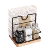 Livabber Napkin Holder, Metal Napkin Storage with Salt and Pepper Shakers Caddy Modern Napkin Dispenser for Table Kitchen Countertop, Not Including Salt and Pepper Shakers (Middle Wooden, Black)