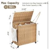 Laundry Hamper with Wheels, 39.6 Gallon(150L) Rolling Laundry Basket with Lid, 3-Section Rattan Clothes Hamper with 3 Removable Liner & 3 Mesh Laundry Bags, Laundry Sorter with Side Pocket, Natural