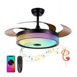 48 inch Ceiling Fan with Lights and Remote Control, 6Speed Dimmable Fandelier, Smart Modern Retractable Ceiling Fan Light with Bluetooth Speaker, RGB, Black, Buy one Fan Light get one Free Spare Part 