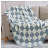 WRENSONGE Checkered Throw Blanket, Grey Blue Microfiber Soft Cozy Fluffy Warm Hand Made Throw Blankets for Couch, Sofa, Chair, Bed, Camping, Picnic, Travel Lightweight Bed Blanket - 60"*80"