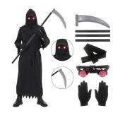 Udekit Grim Reaper Halloween Cosplay Costume with Death Scythe, Glowing Glasses and Mask for Kids at Age 3 to 6