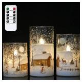 DRomance Snowman Glass Flameless Candles Battery Operated Timer Real Wax LED Flickering Pillar Candles White Cold Light Window Christmas Holiday Decor D3 x 4",5",6"