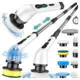 Electric Spin Scrubber, Cordless Cleaning Brush, Shower Scrubber with 9 Brush Heads 2H Power Dual Speed, Adjustable Extension Handle, IPX7 Waterproof for Tub Tile Floor Car, White-BF86