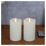 TECHLONG Flameless Candles Timer, 3D Moving Flickering Flame Battery Operated Candles Lasting 1000+ Hours, 3" x 5" Ivory Real Wax Electric LED Pillar Candles, Set of 2