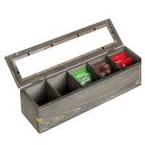 MyGift Vintage Gray Wood Tea Organizer with 5 Compartments for Tea, Sugar Packets and Condiment, Tea Bag Storage Box with Clear See-Through Lid & Brass Metal Accent Wraps Retail $24.99