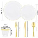 Rubtlamp 140Pcs Gold Plastic Plates,White Plates with Gold Rim,Gold Disposable Dinnerware Include 20Dinner Plates, 20Dessert Plates,20Pre Rolled Napkins with Gold Cutlery and 20Cups for Party Retail $