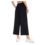 LNX Womens High Waisted Capri Pants 100% Linen Wide Leg Drawstring Flowy Comfy Crop Pants Black Retail $37.18