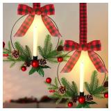 Lighted Christmas Kitchen Cabinet Wreath with Ribbon Bow Xmas Wreath LED Lights Farmhouse Artificial Cabinet Hanging Artificial Wreath Christmas Decorations for Door Wall Christmas Party(No Batteries)