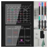 Magnetic Fridge Calendar Bundle: Modern Acrylic Monthly & Weekly Planner Set with Eraser, 6 Color Markers, Holder - Strong Magnet for Stainless Steel Appliances (16"x12")