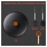 Wok Pan with Lid - 13" Nonstick Wok, Carbon Steel Woks & Stir-Fry Pans with Cookwares, Flat Bottom Chinese wok for Electric, Induction and Gas Stoves