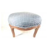 Small Vintage Blue Fabridc and Wood Ottoman