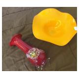 Art Glass Vase & Orange Ruffle Glass Bowl/DIsh 10"