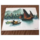 Vtg Robert Lo Chinese Marina Oil Painting