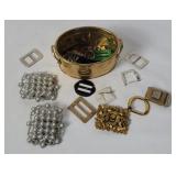 Brass Trinket Tin W/ Vtg Buckles