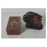 Small Wood Trinket Box & Bull Figure