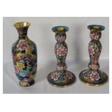 Ornate Brass Candle Holders & Vase